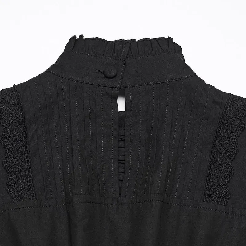 Gothic-Maxikleid für Damen mit Rüschen, hohem Kragen und Bischofsärmeln
