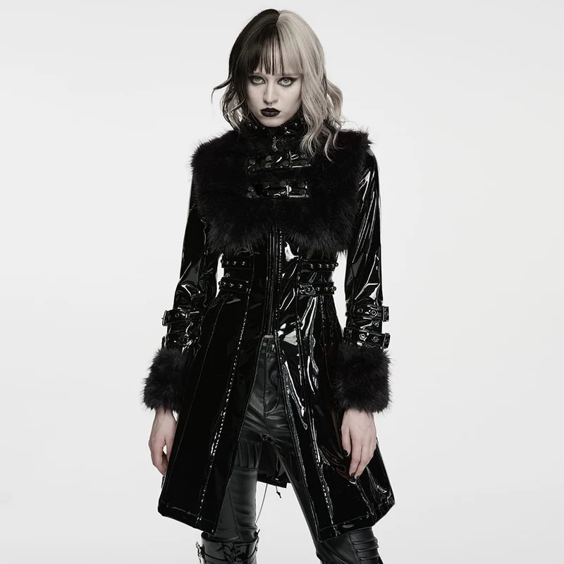 Damen Punk-Jacke mit Stehkragen, Kunstpelzbesatz, Lacklederimitat, lang, Schwarz