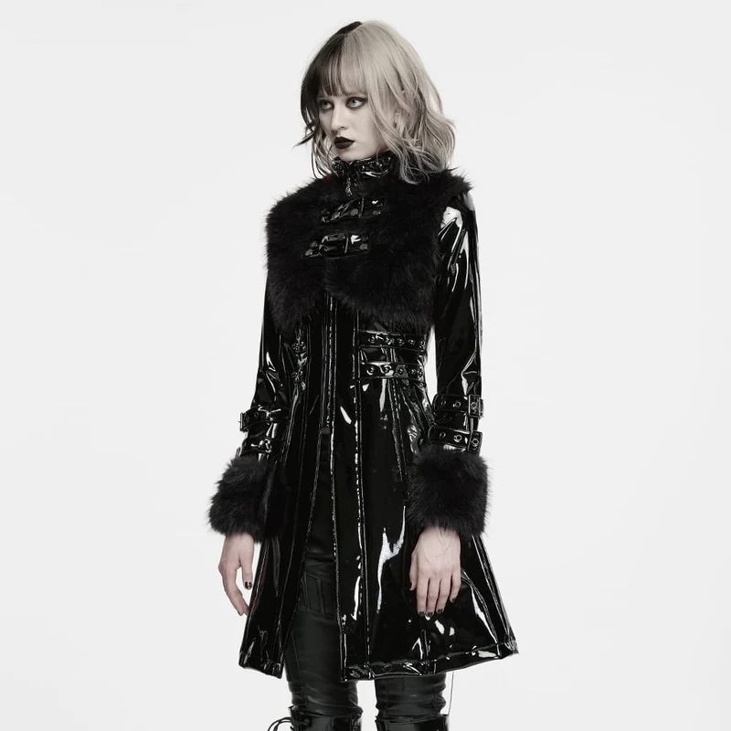 Damen Punk-Jacke mit Stehkragen, Kunstpelzbesatz, Lacklederimitat, lang, Schwarz