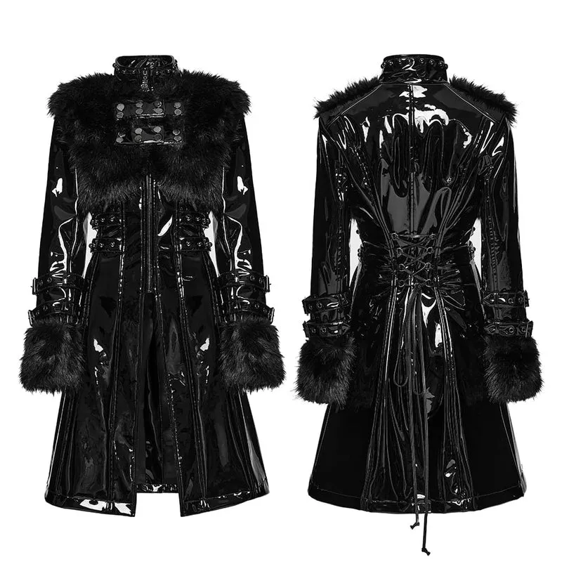 Damen Punk-Jacke mit Stehkragen, Kunstpelzbesatz, Lacklederimitat, lang, Schwarz