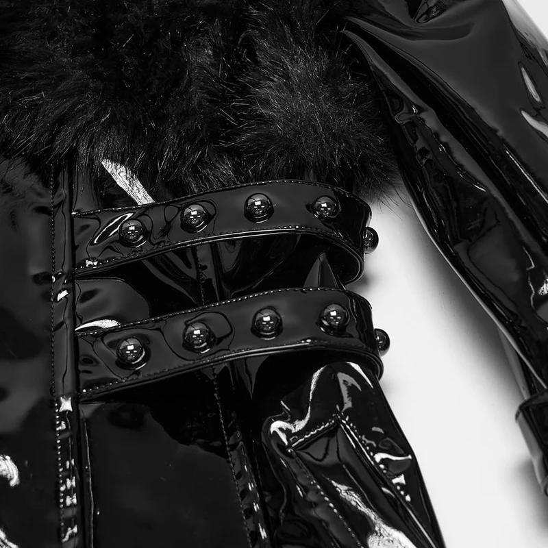 Damen Punk-Jacke mit Stehkragen, Kunstpelzbesatz, Lacklederimitat, lang, Schwarz