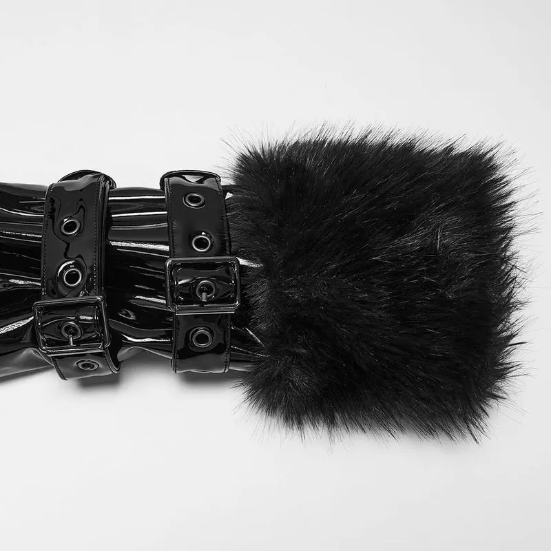 Damen Punk-Jacke mit Stehkragen, Kunstpelzbesatz, Lacklederimitat, lang, Schwarz