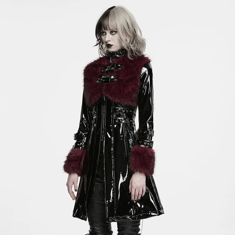 Damen Punk-Jacke mit Stehkragen, Kunstpelzbesatz, Lacklederimitat, lang, Schwarz-Rot