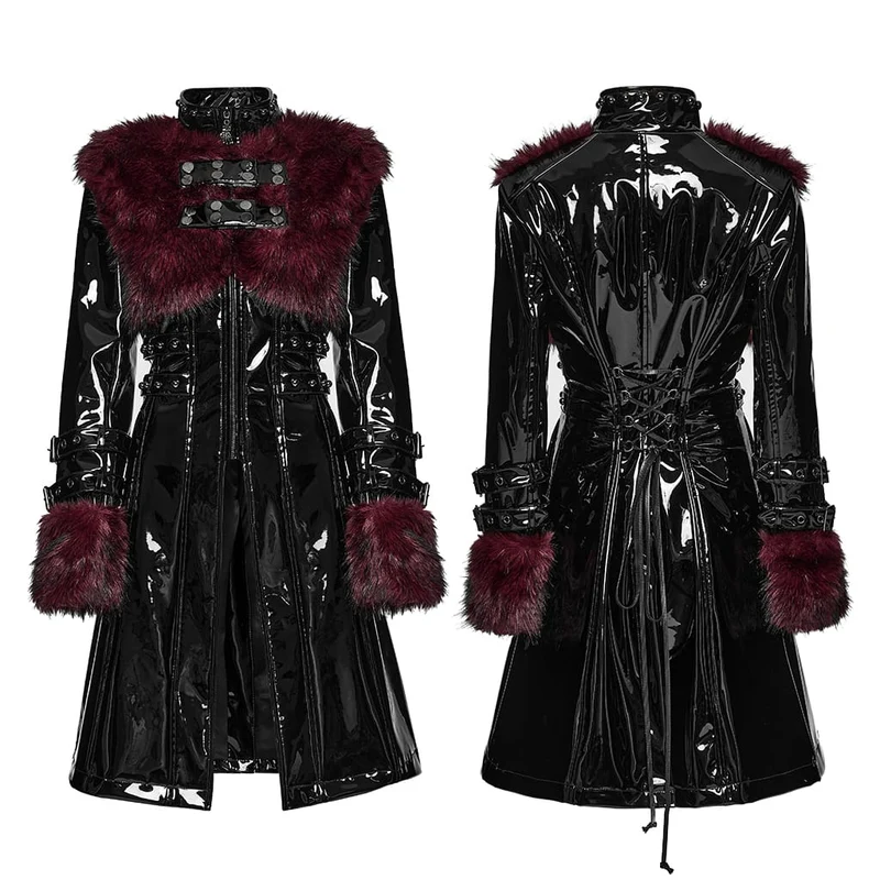 Damen Punk-Jacke mit Stehkragen, Kunstpelzbesatz, Lacklederimitat, lang, Schwarz-Rot