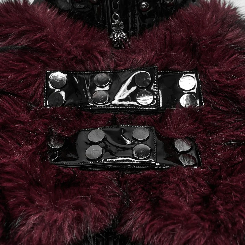 Damen Punk-Jacke mit Stehkragen, Kunstpelzbesatz, Lacklederimitat, lang, Schwarz-Rot