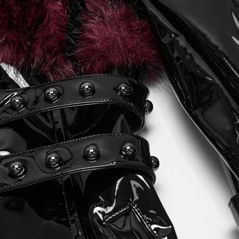 Damen Punk-Jacke mit Stehkragen, Kunstpelzbesatz, Lacklederimitat, lang, Schwarz-Rot