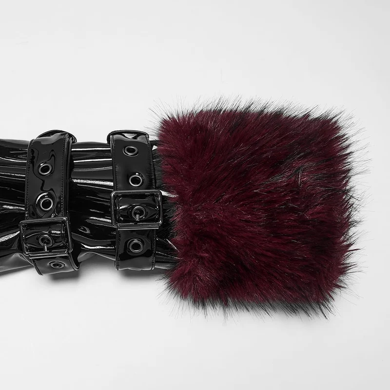 Damen Punk-Jacke mit Stehkragen, Kunstpelzbesatz, Lacklederimitat, lang, Schwarz-Rot