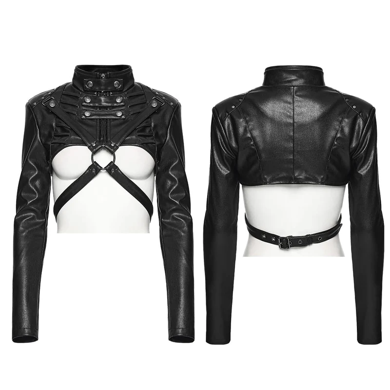 Kurze Cyberpunk-Jacke für Damen mit Stehkragen und Schnallenriemen