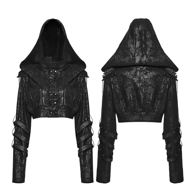 Punkige Damen-Kapuzenjacke mit Nieten an den Schultern, Ösenriemen und kurzem Schnitt