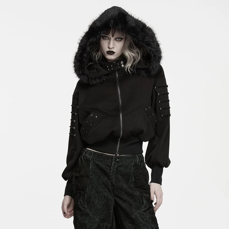 Punk-Damenjacke mit Kapuze, abnehmbarem Kunstpelzbesatz und Nieten
