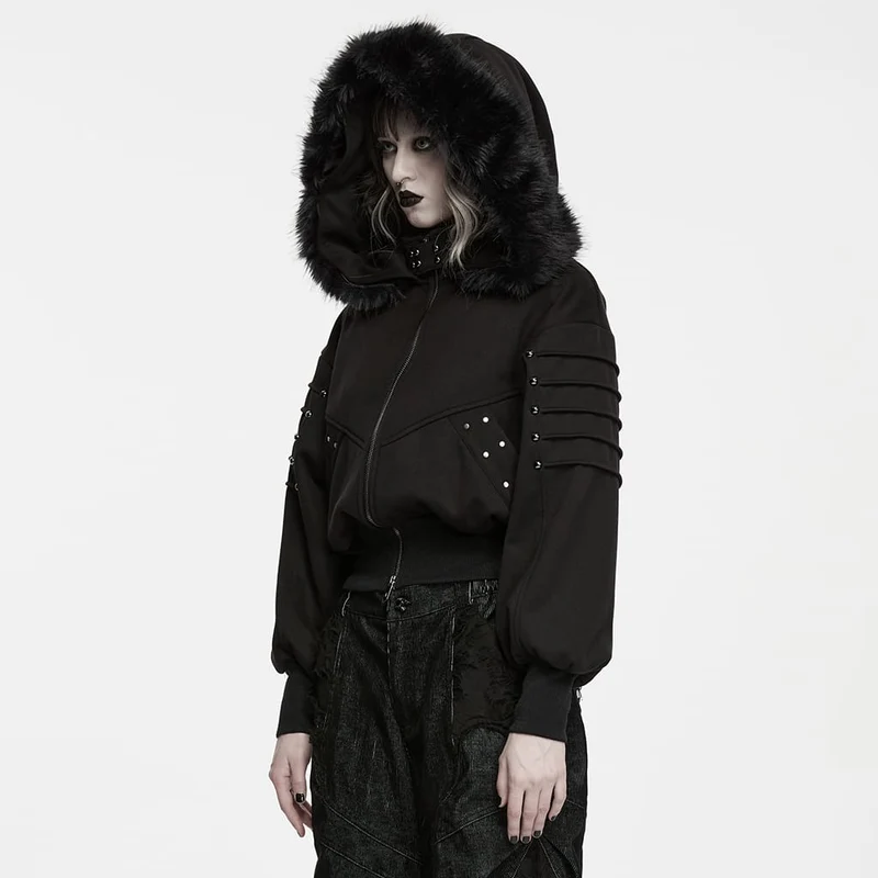 Punk-Damenjacke mit Kapuze, abnehmbarem Kunstpelzbesatz und Nieten