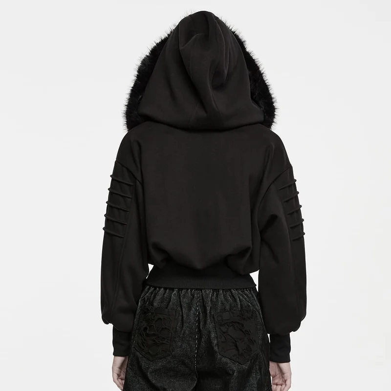 Punk-Damenjacke mit Kapuze, abnehmbarem Kunstpelzbesatz und Nieten