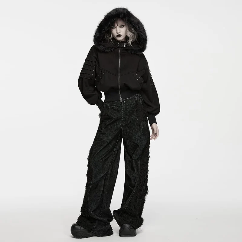 Punk-Damenjacke mit Kapuze, abnehmbarem Kunstpelzbesatz und Nieten