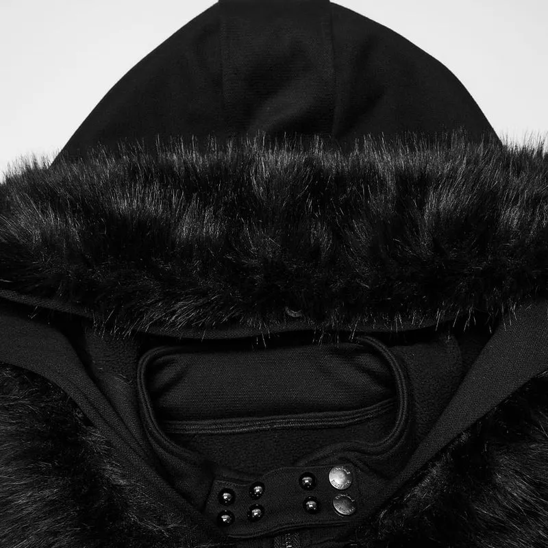 Punk-Damenjacke mit Kapuze, abnehmbarem Kunstpelzbesatz und Nieten