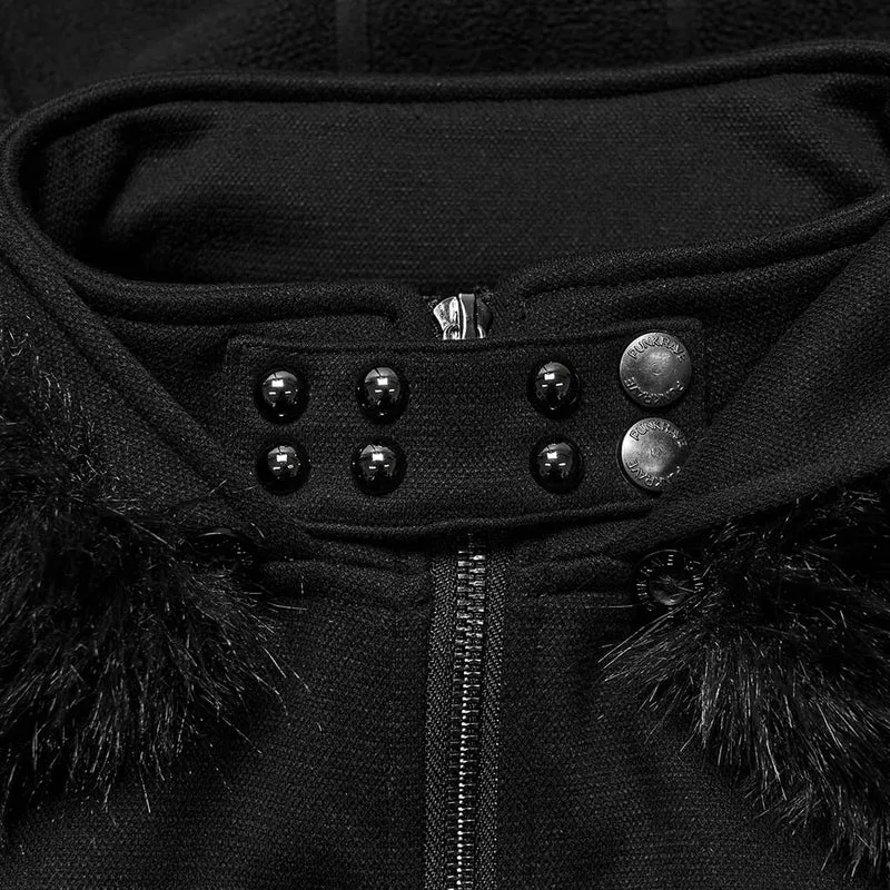 Punk-Damenjacke mit Kapuze, abnehmbarem Kunstpelzbesatz und Nieten