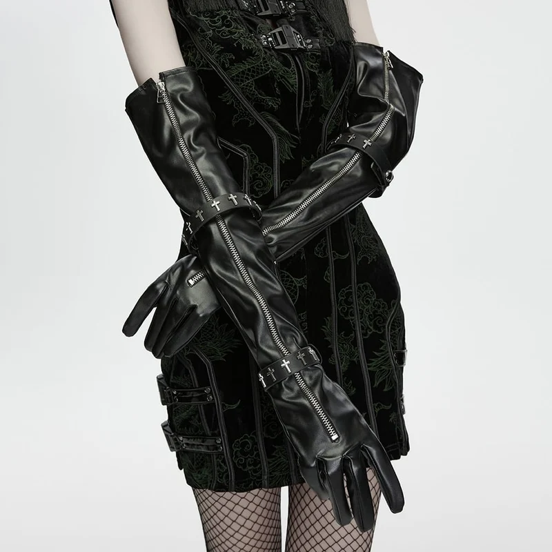 Lange Gothic-Handschuhe für Damen mit gekreuzten Riemen und Reißverschluss