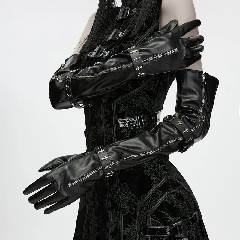 Lange Gothic-Handschuhe für Damen mit gekreuzten Riemen und Reißverschluss