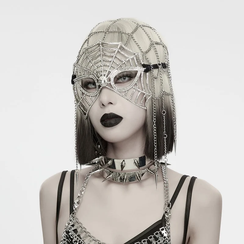 Gothic-Maske für Damen mit Federkette und Spinnennetz-Motiv, Silber