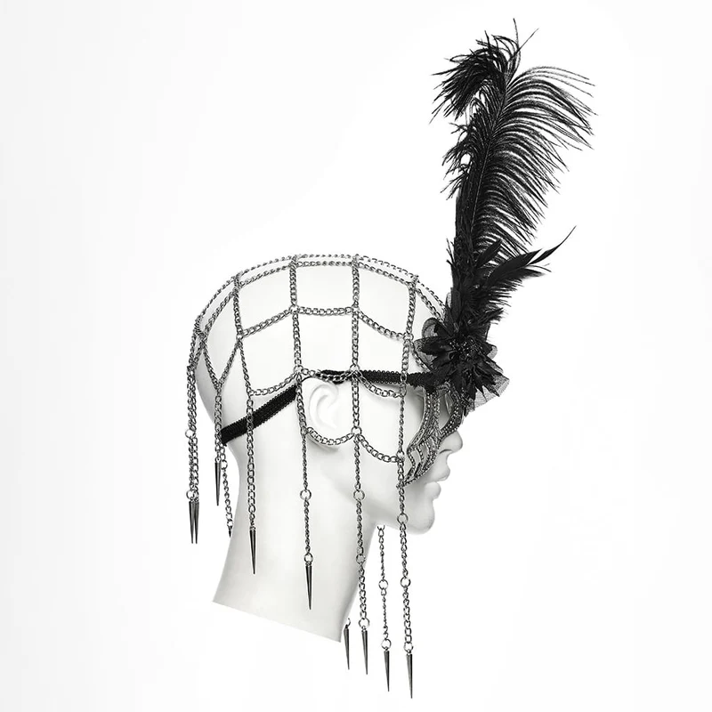 Gothic-Maske für Damen mit Federkette und Spinnennetz-Motiv, Silber