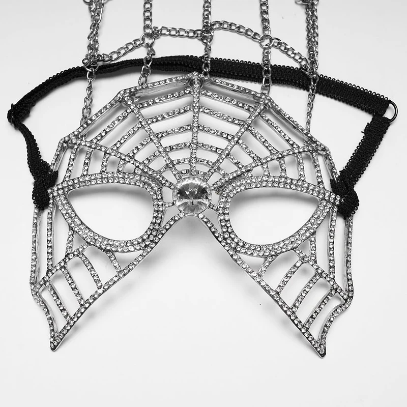 Gothic-Maske für Damen mit Federkette und Spinnennetz-Motiv, Silber