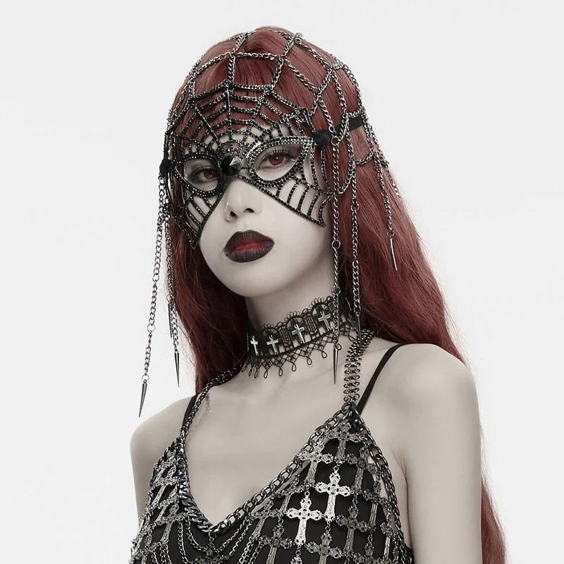 Schwarze Gothic-Maske für Damen mit Federkette und Spinnennetz-Motiv