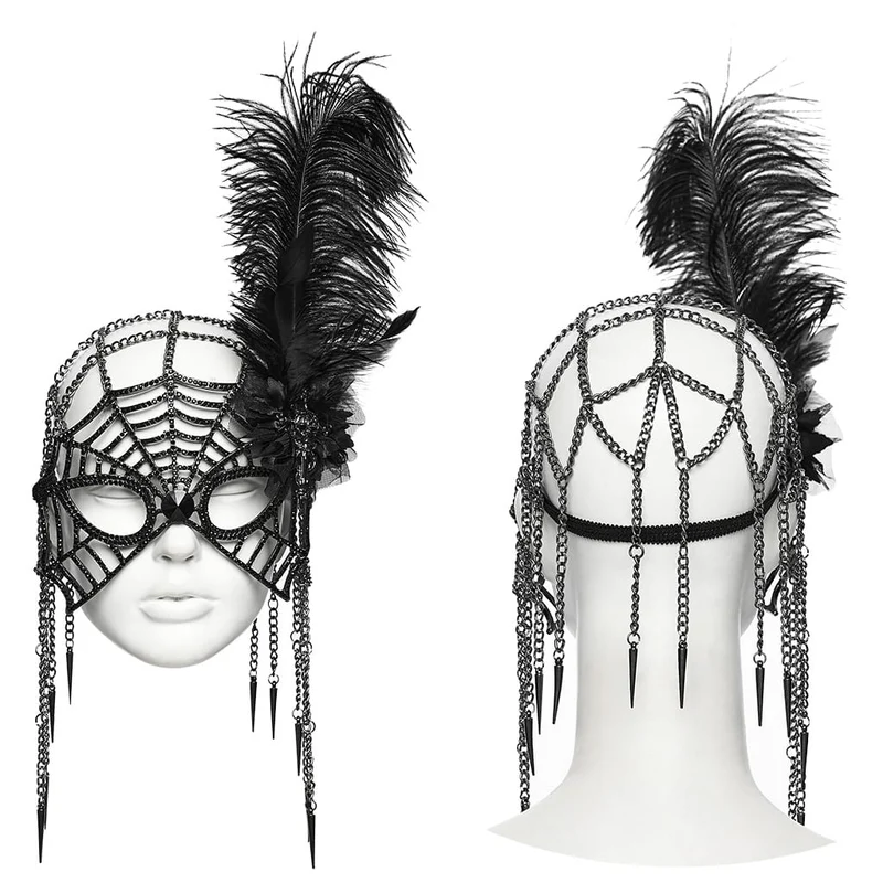 Schwarze Gothic-Maske für Damen mit Federkette und Spinnennetz-Motiv