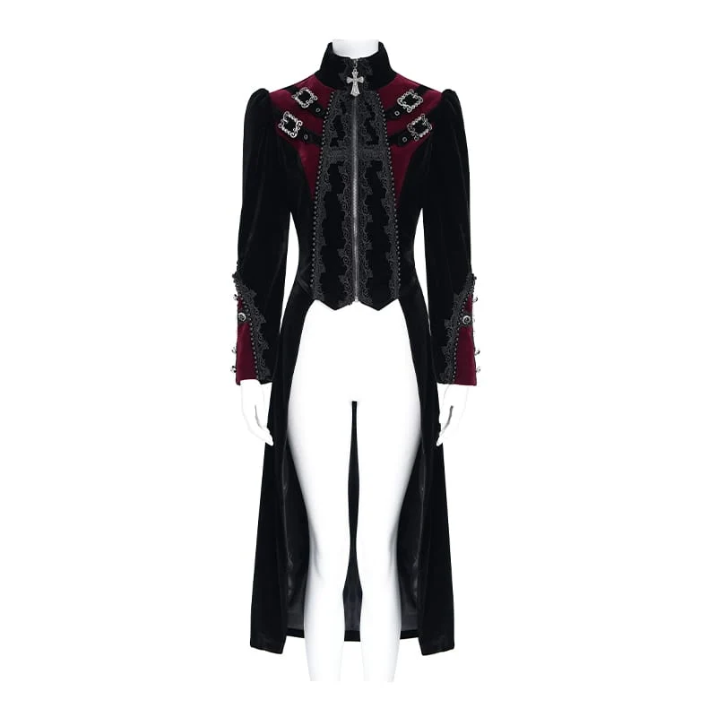 Schwarze Gothic-Jacke für Damen mit Perlenbesatz, Schnallenriemen und Reißverschluss