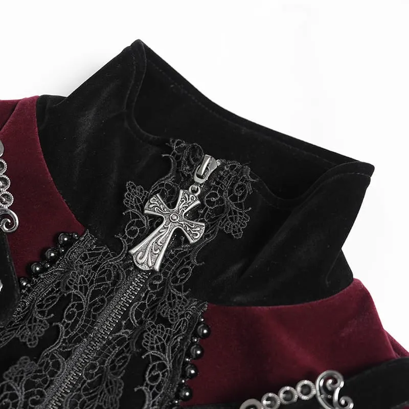 Schwarze Gothic-Jacke für Damen mit Perlenbesatz, Schnallenriemen und Reißverschluss