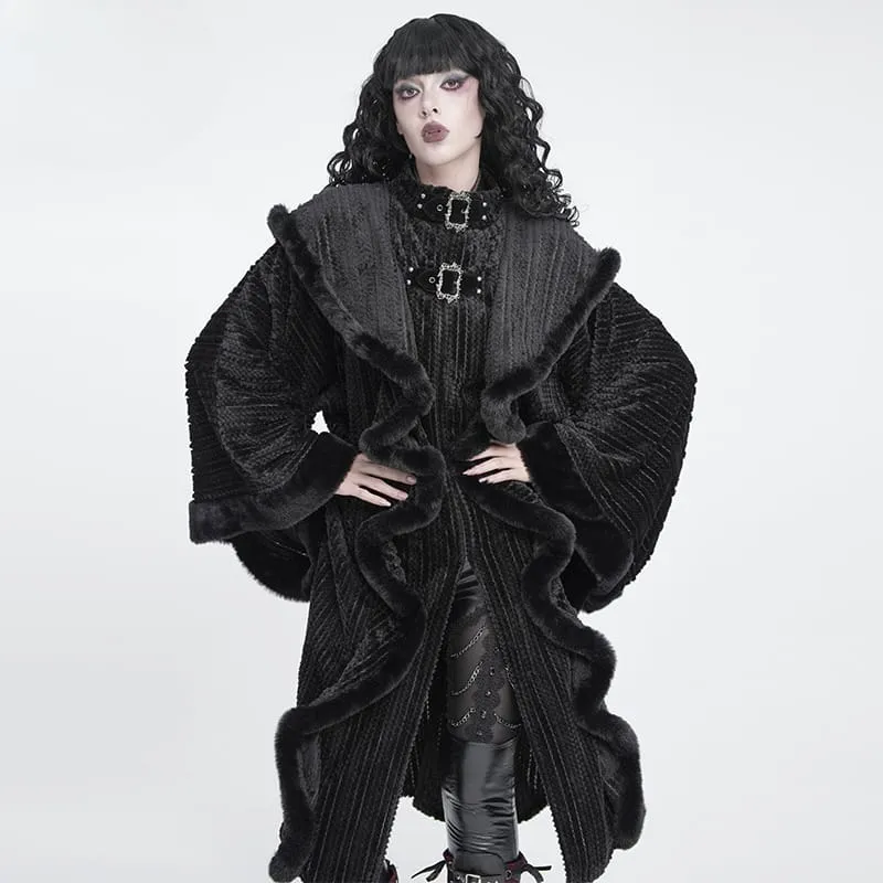 Gothic-Mantel für Damen mit Kunstpelzbesatz, Kapuze und Hexenmotiv