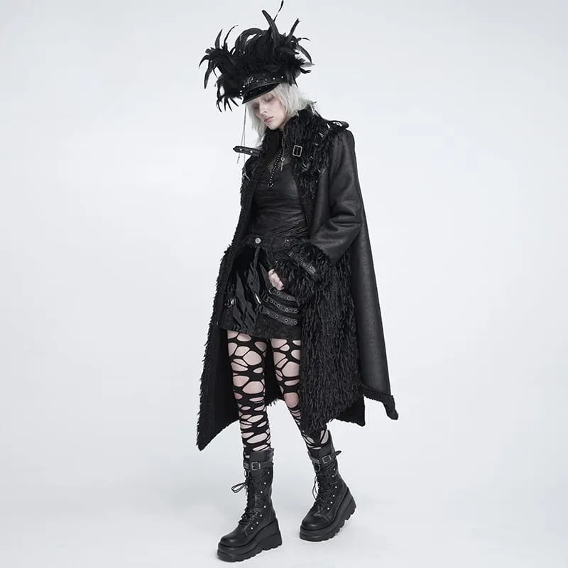 Gothic-Damenmantel mit Nietenbesatz und Kunstpelz-Einsätzen