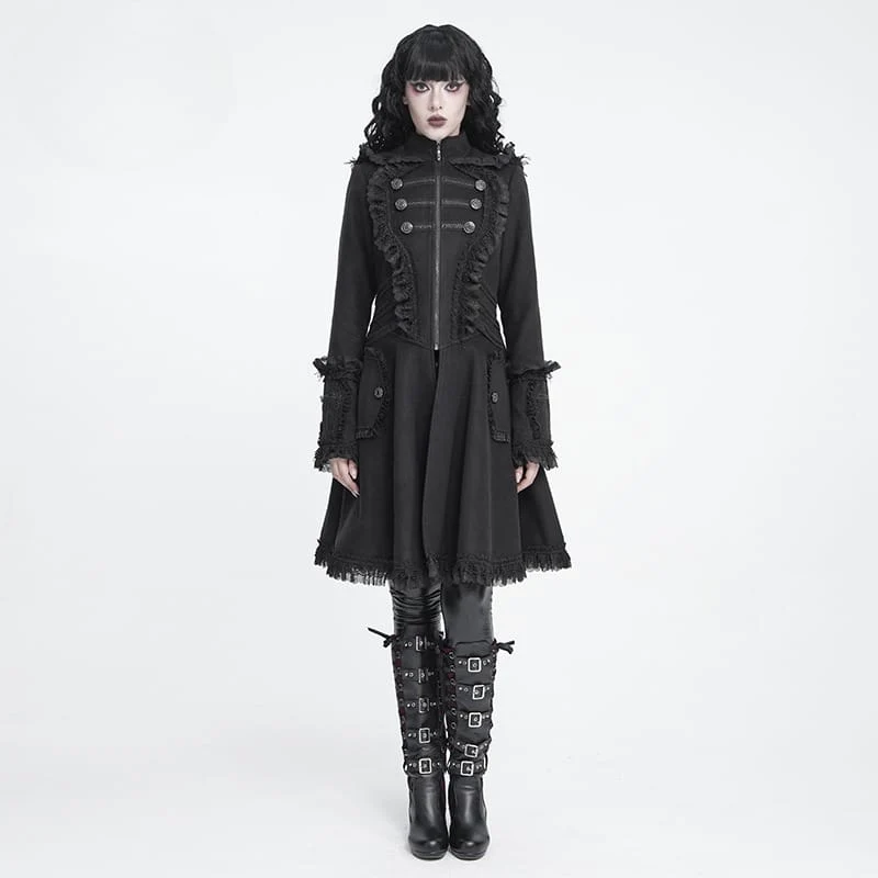Gothic-Mantel für Damen mit Kapuze, Spitzenrüschenbesatz, ausgestelltem Saum und Kapuze