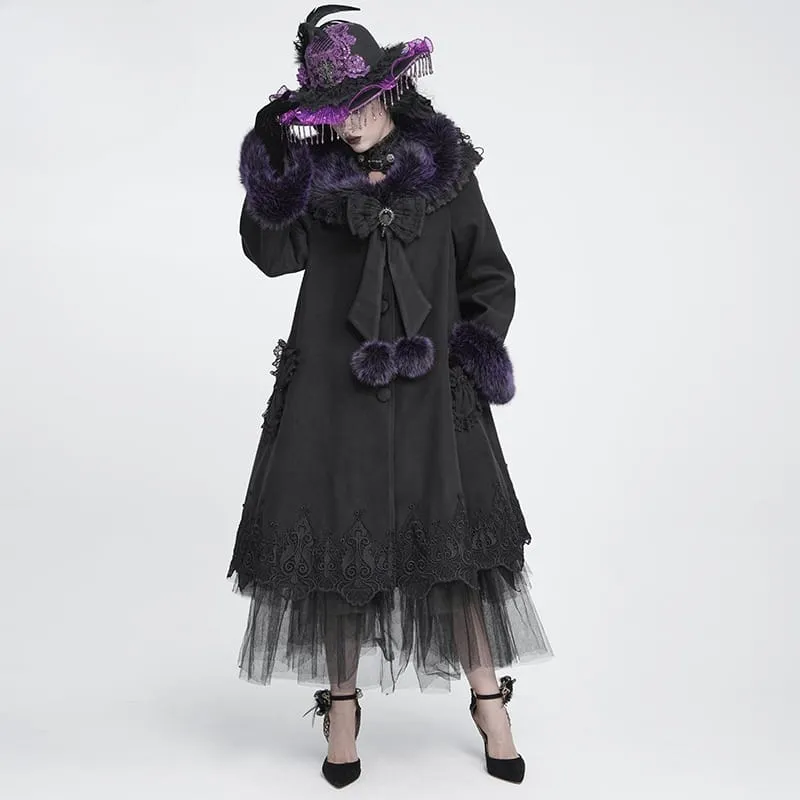 Langer Damenmantel im Gothic-Stil mit Spitzenbesatz, Kunstpelzkragen und abnehmbarer Schleife