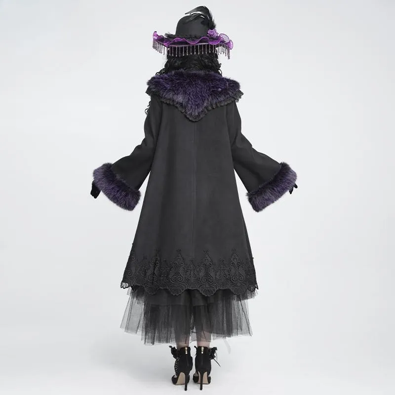 Langer Damenmantel im Gothic-Stil mit Spitzenbesatz, Kunstpelzkragen und abnehmbarer Schleife