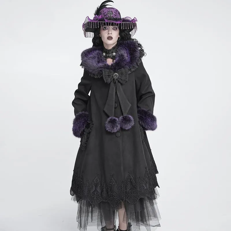 Langer Damenmantel im Gothic-Stil mit Spitzenbesatz, Kunstpelzkragen und abnehmbarer Schleife