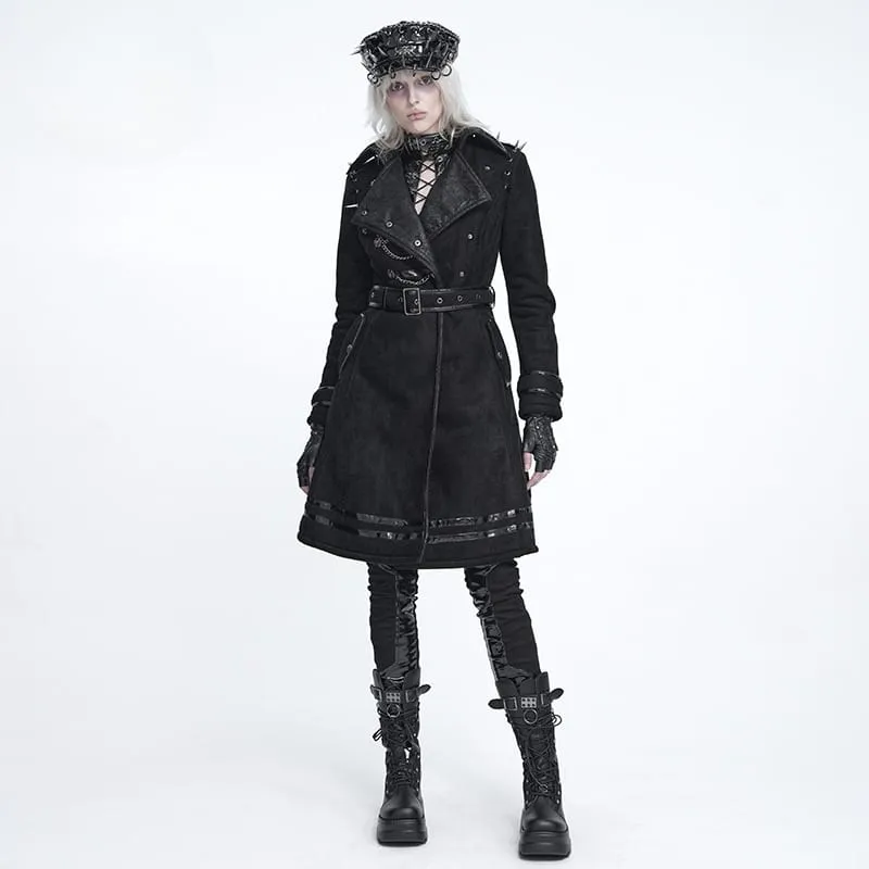 Punk-Mantel für Damen mit Nieten, Kettenrevers und schräger Knopfleiste