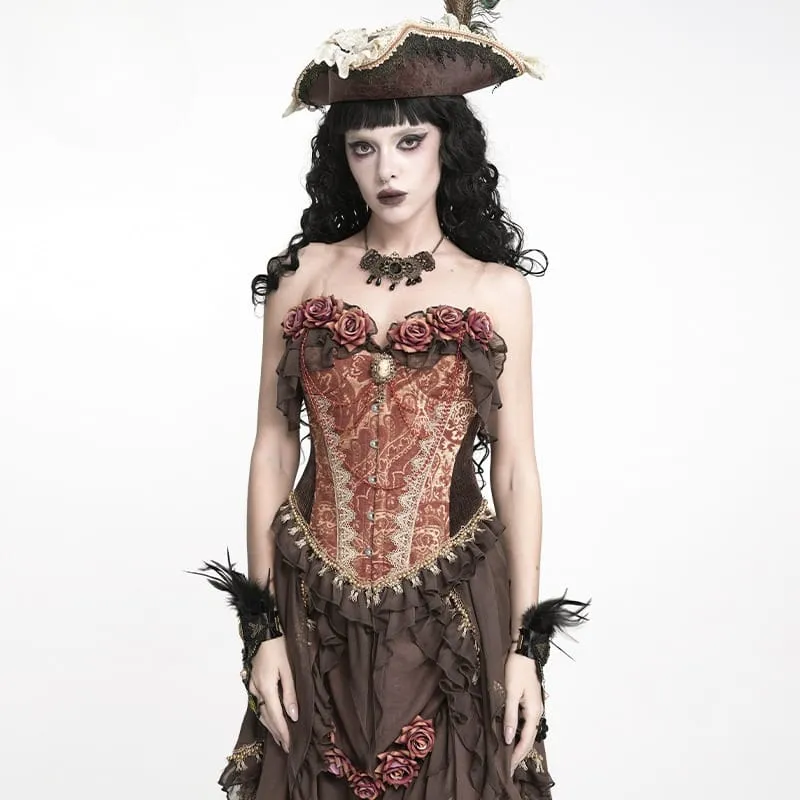 Gothic-Jacquard-Rosen-Overbust-Korsett für Damen mit asymmetrisch drapierten, transparenten Chiffon-Schleifen