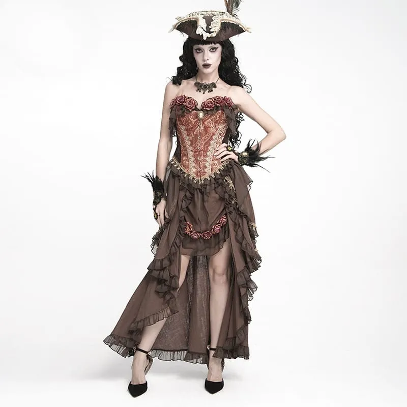 Gothic-Jacquard-Rosen-Overbust-Korsett für Damen mit asymmetrisch drapierten, transparenten Chiffon-Schleifen