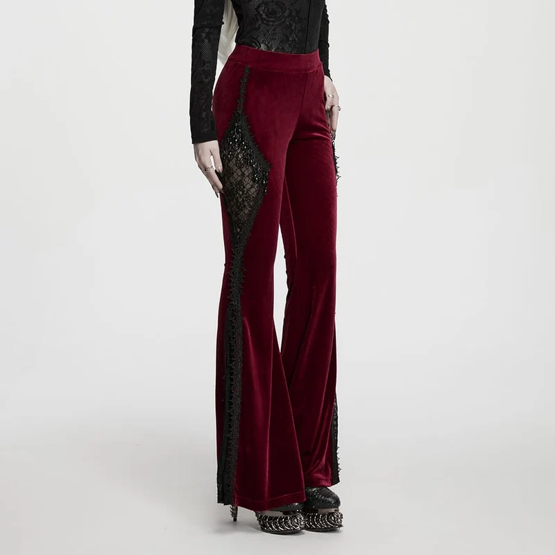 Rote Gothic-Schlaghose für Damen mit floraler Spitze, Perlen und Quasten