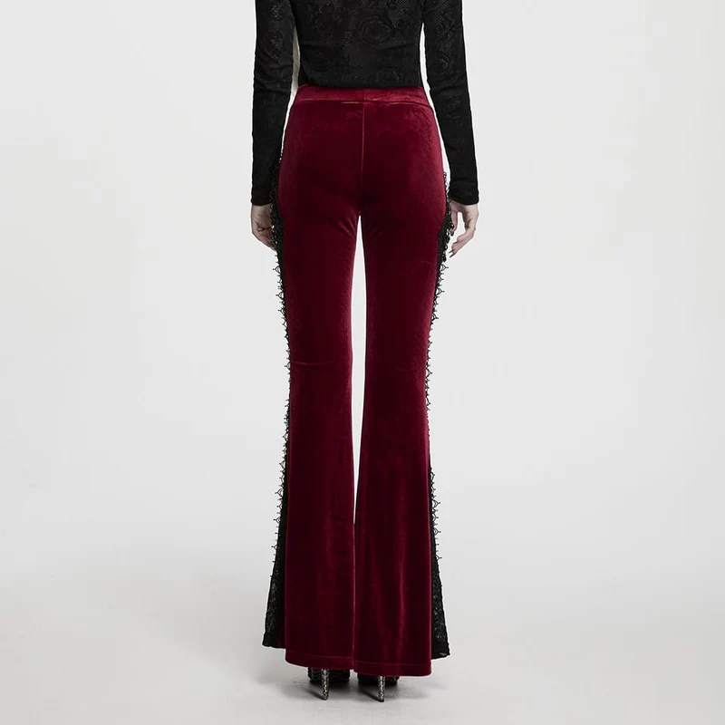 Rote Gothic-Schlaghose für Damen mit floraler Spitze, Perlen und Quasten