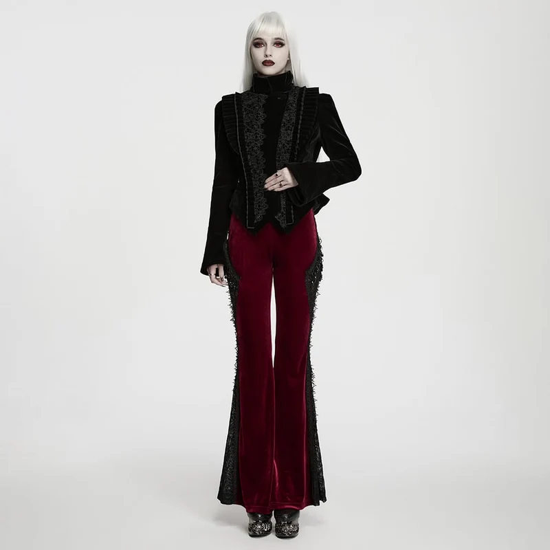 Rote Gothic-Schlaghose für Damen mit floraler Spitze, Perlen und Quasten