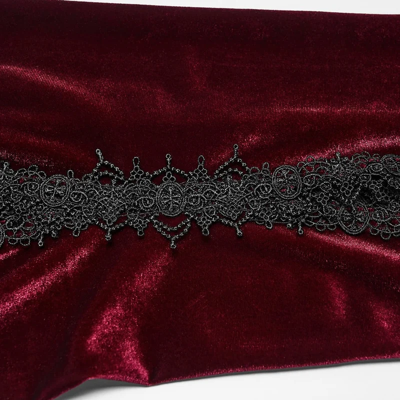 Rote Gothic-Schlaghose für Damen mit floraler Spitze, Perlen und Quasten