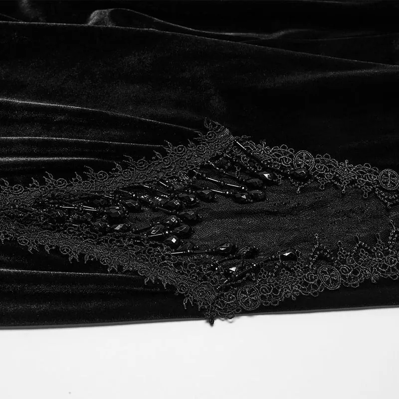 Schwarze, gotische Schlaghose für Damen mit floraler Spitze, Perlen und Quasten