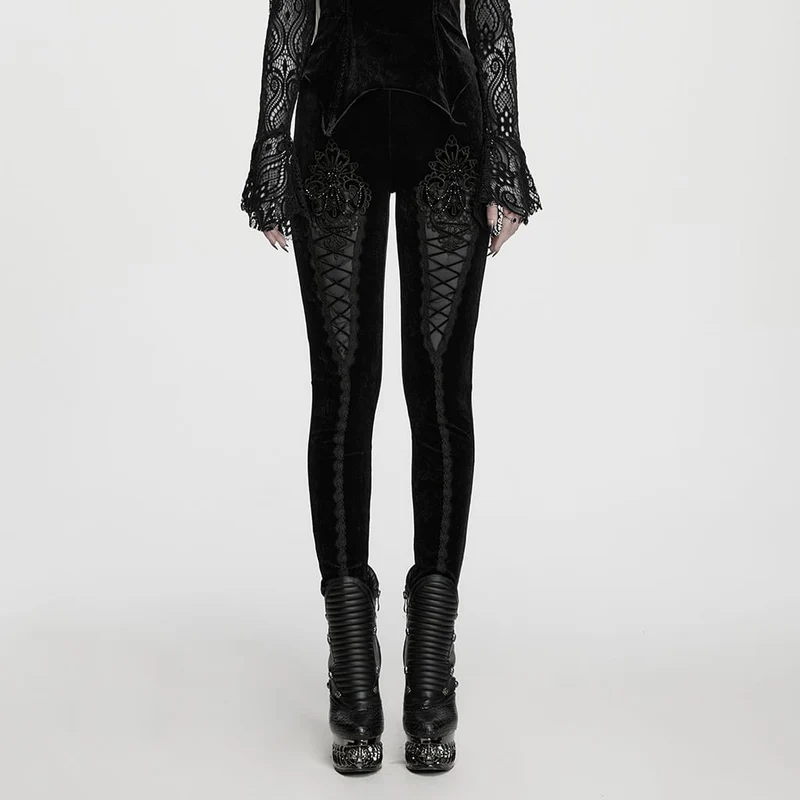 Schwarze Leggings aus schwarzem, gotischem Samt mit Blumenjacquard-Stickerei für Damen