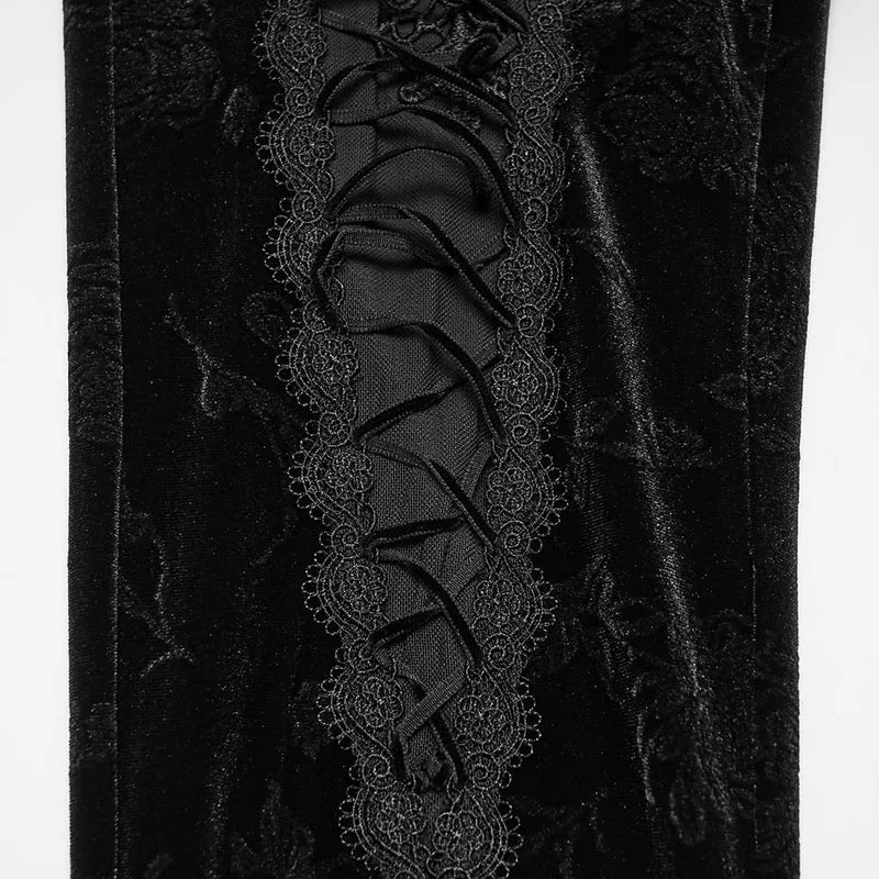 Schwarze Leggings aus schwarzem, gotischem Samt mit Blumenjacquard-Stickerei für Damen