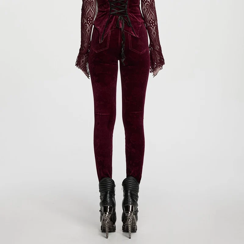 Rote Leggings aus rotem, gotischem Samt mit Blumenjacquard-Stickerei