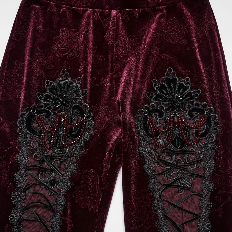 Rote Leggings aus rotem, gotischem Samt mit Blumenjacquard-Stickerei