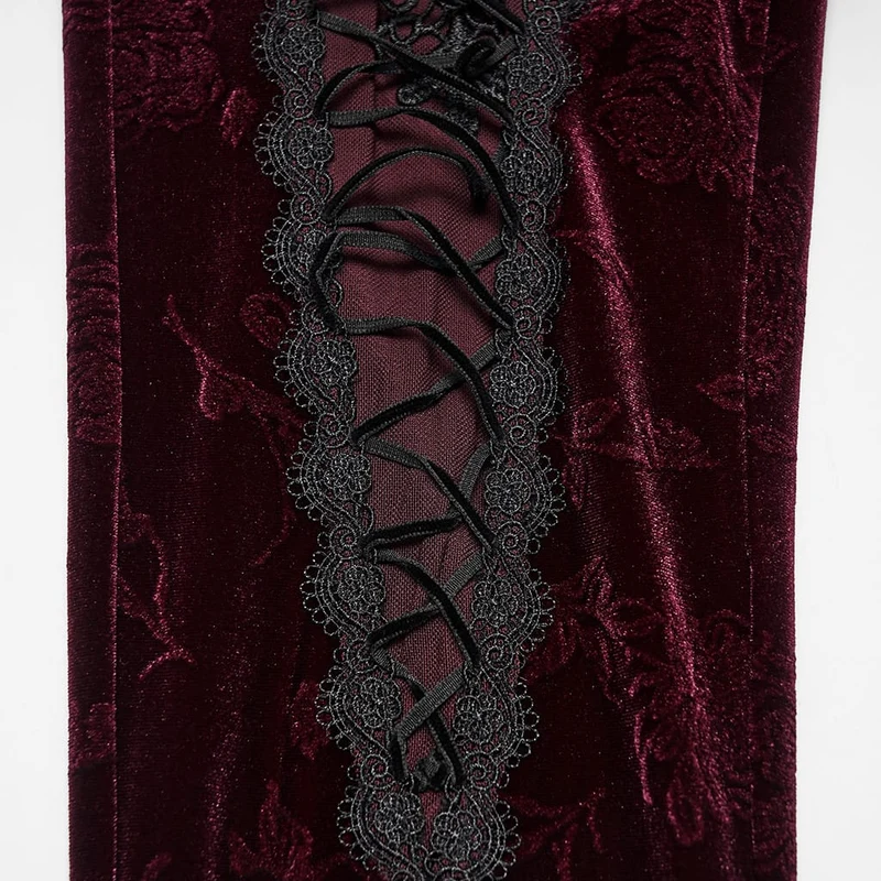 Rote Leggings aus rotem, gotischem Samt mit Blumenjacquard-Stickerei