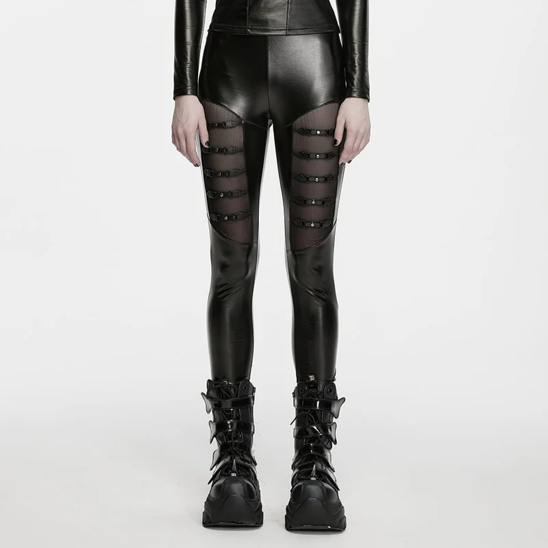 Punk-Leggings mit Mesh-Einsätzen und mehreren Schnallen für Damen