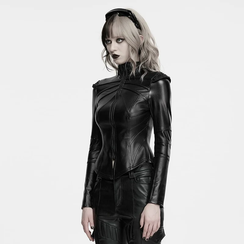 Cyberpunk-Jacke für Damen mit geometrischem Schultereinsatz, Nieten und Reißverschluss vorne