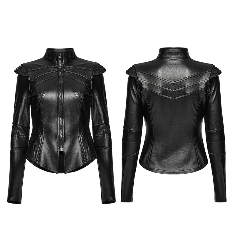 Cyberpunk-Jacke für Damen mit geometrischem Schultereinsatz, Nieten und Reißverschluss vorne